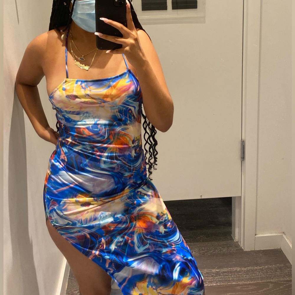 High Slit blue multicolor open cross back summer dress